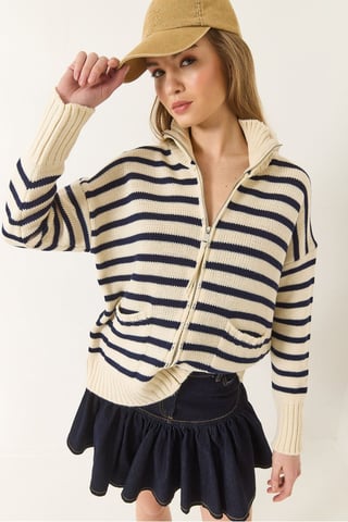 Gestreifter Strick-Cardigan mit Reißverschluss und Taschen