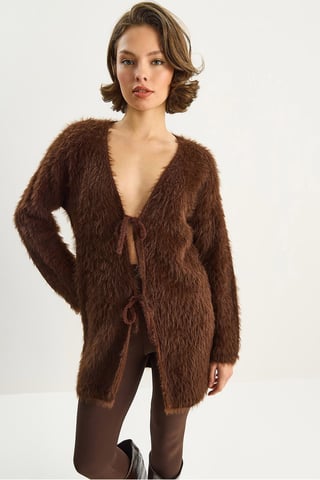 Strukturiertes V-Ausschnitt Midi-Cardigan mit Bindegürtel
