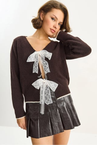 Strick V-Ausschnitt Cardigan mit Spitzenbindeverschluss