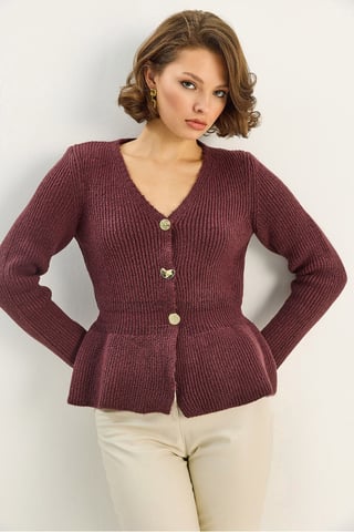 Rippstrick Langarm V-Ausschnitt Cardigan mit Knöpfen