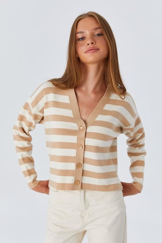 Gestreifter V-Ausschnitt Knopf-Cardigan