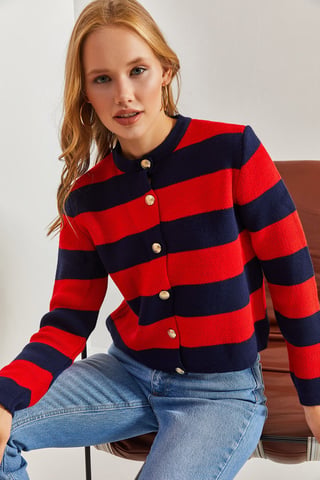 Gestreifter Strickcardigan mit Knopfverschluss