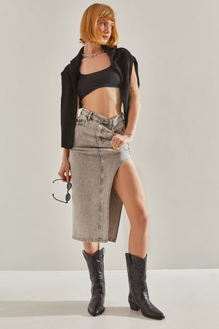 Hochtaillierter Schlitz-Midi-Jeansrock