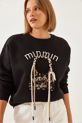 Bestickter Leopardenmuster Rundhals Sweatshirt