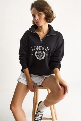 Reißverschlusskragen Bedrucktes Relaxed Fit Sweatshirt