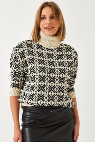 Geometrischer Strick-Crop-Pullover mit Rollkragen