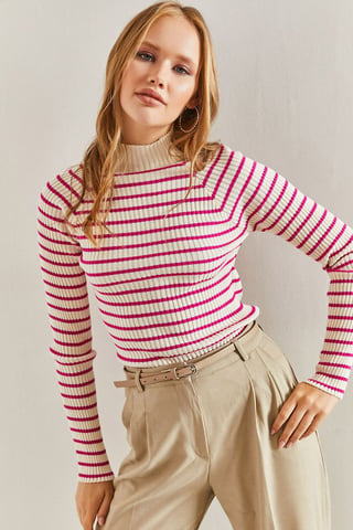 Gestreifter Stehkragen Rippstrickpullover