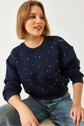 Bianco Lucci Gemusterter Pullover mit Rundhalsausschnitt und Pompon - Marineblau