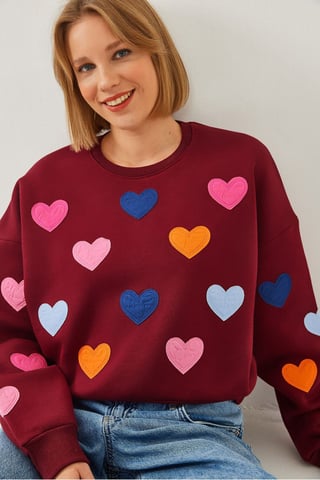 Bestickter Herzmuster Rundhals-Sweatshirt