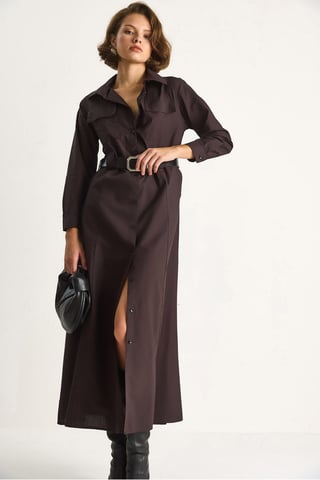 Langarm-Maxi-Kleid mit Knopfverschluss und Hemdkragen