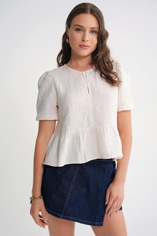 Texturierte Musselin Rundhalsbluse mit Knopfschluss