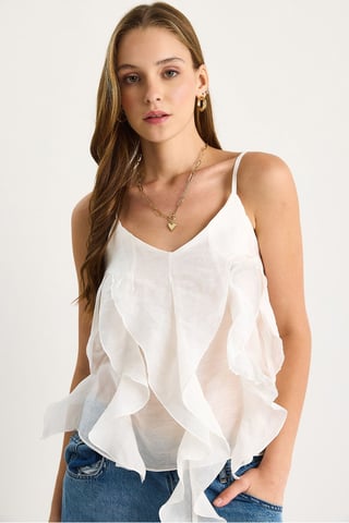 V-Ausschnitt Baumwollbluse mit Rüschendetails