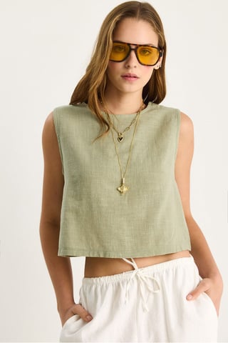 Leinenmischung Kurzarm-Crewneck-Bluse