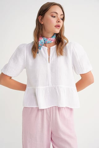 Mixray Strukturierte Musselin-Bluse mit Rundhalsausschnitt und Knopfverschluss - Weiß