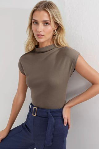 Taillierte Bluse mit Stehkragen und Cap-Ärmeln aus Strick