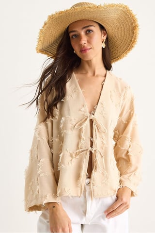Bestickter V-Ausschnitt Textur-Kimono mit Rüschen