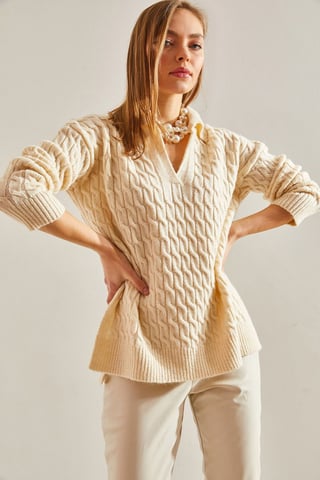 Strukturierter V-Ausschnitt Strickpullover