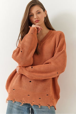 Oversized V-Ausschnitt Zerstörter Strickpullover