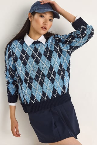 Damen Strickpullover mit Rippkragen und Rautenmuster