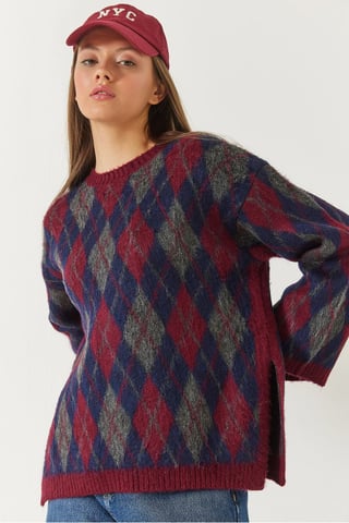 Bianco Lucci Crew-Neck-Pullover mit Schlitz im Baklava-Muster - Rot