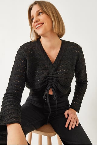 Strukturierter Spitzen-V-Ausschnitt-Crop-Top mit Rüschendetails