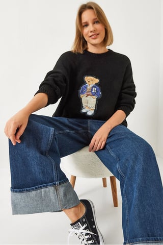 Bestickter Oversized Rundhalsausschnitt-Pullover