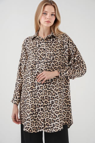 Leopardenmuster Langarmhemd mit Knopfleiste