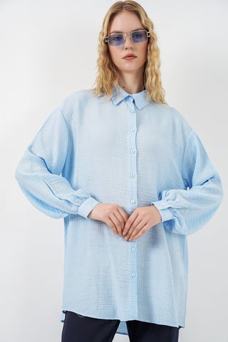 Übergroße strukturierte Lange Bluse mit Hemdkragen