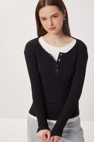 Slim Fit Rippstrukturknopfbluse mit langen Ärmeln