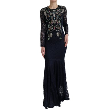 Dolce & Gabbana Blaues Kristallblumen-Spitzen-Langkleid