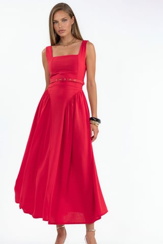 Quadratischer Kragen Gürtelt Midi-Kleid