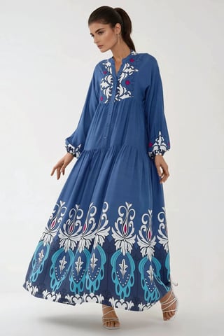 Bedrucktes Langarm-Viskose-Maxi-Kleid