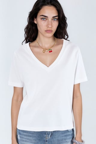 V-Ausschnitt Unifarben Regular Fit Baumwoll-T-Shirt
