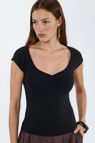 V-Ausschnitt Kurzarm Drapierte Bluse