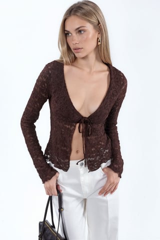Damen-Spitzengeflechtjacke mit Bindeband vorne