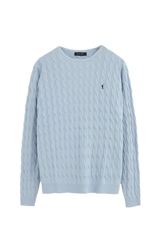 Strickpullover hellblau mit Zopfmuster und Rigby Go Logo