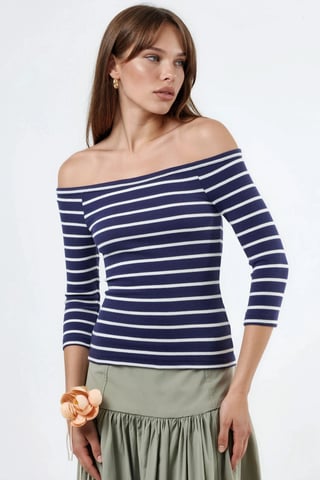 Busem Gestreifte Rippen-Boatneck-Bluse mit langen Ärmeln - Marineblau