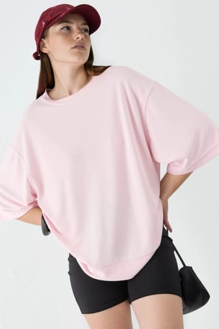 Oversized gerippte Cropped-Bluse mit Rundhalsausschnitt