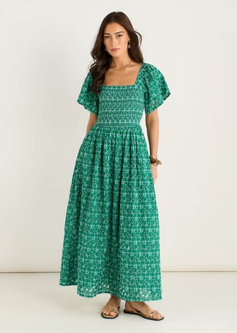 Grünes Midi-Kleid mit Blumenbroderie und Raffungen