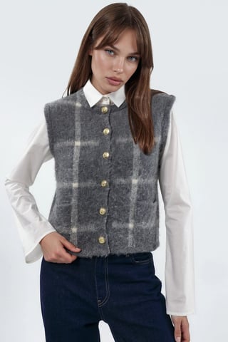 Kariertes Rundhals-Sweater-Weste mit Knöpfen