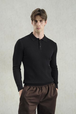 Slim Fit Polo-Kragen Knopf Langarm T-Shirt