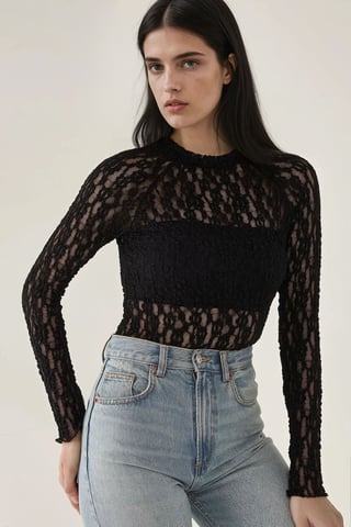 Spitzen-Guipure Slim Fit Rundhalsbluse