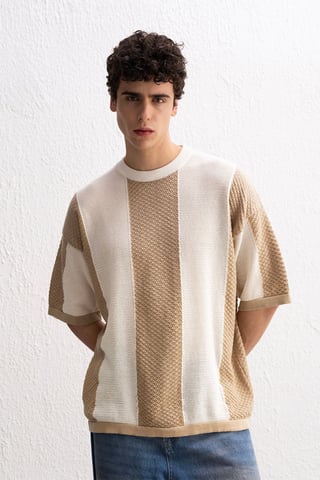Gestreiftes Strickwaren Rundhals-T-Shirt