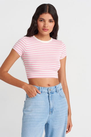 Dilvin Gestreifte Crop-Top-Bluse - Mehrfarbig