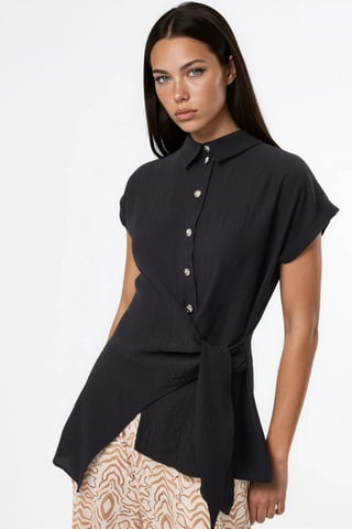 Strukturierte Gewebe-Bluse mit Bindegürtel