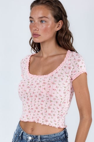 Blumen U-Ausschnitt Rüsche Bluse