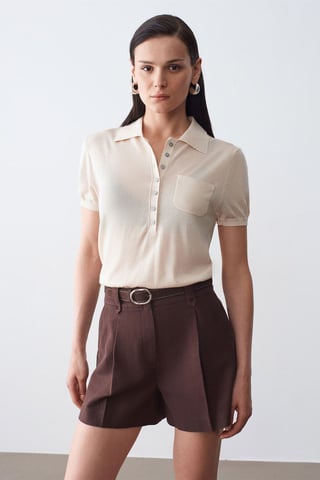 Slim Fit Polo-Kragen Strickbluse
