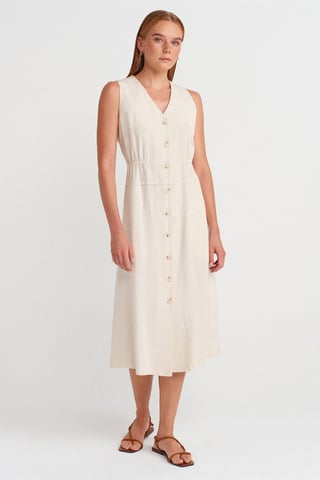 Ärmelloses Midi-Kleid mit V-Ausschnitt und Knöpfen