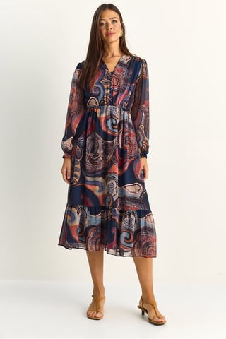 Paisley V-Ausschnitt Midi-Kleid