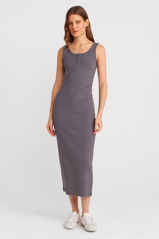 Rippengestricktes Midi Bodycon-Kleid mit Knöpfen